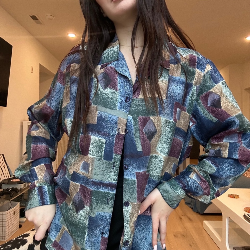 VINTAGE Muted Blue Geometric Print 100% Silk Button Up Shirt